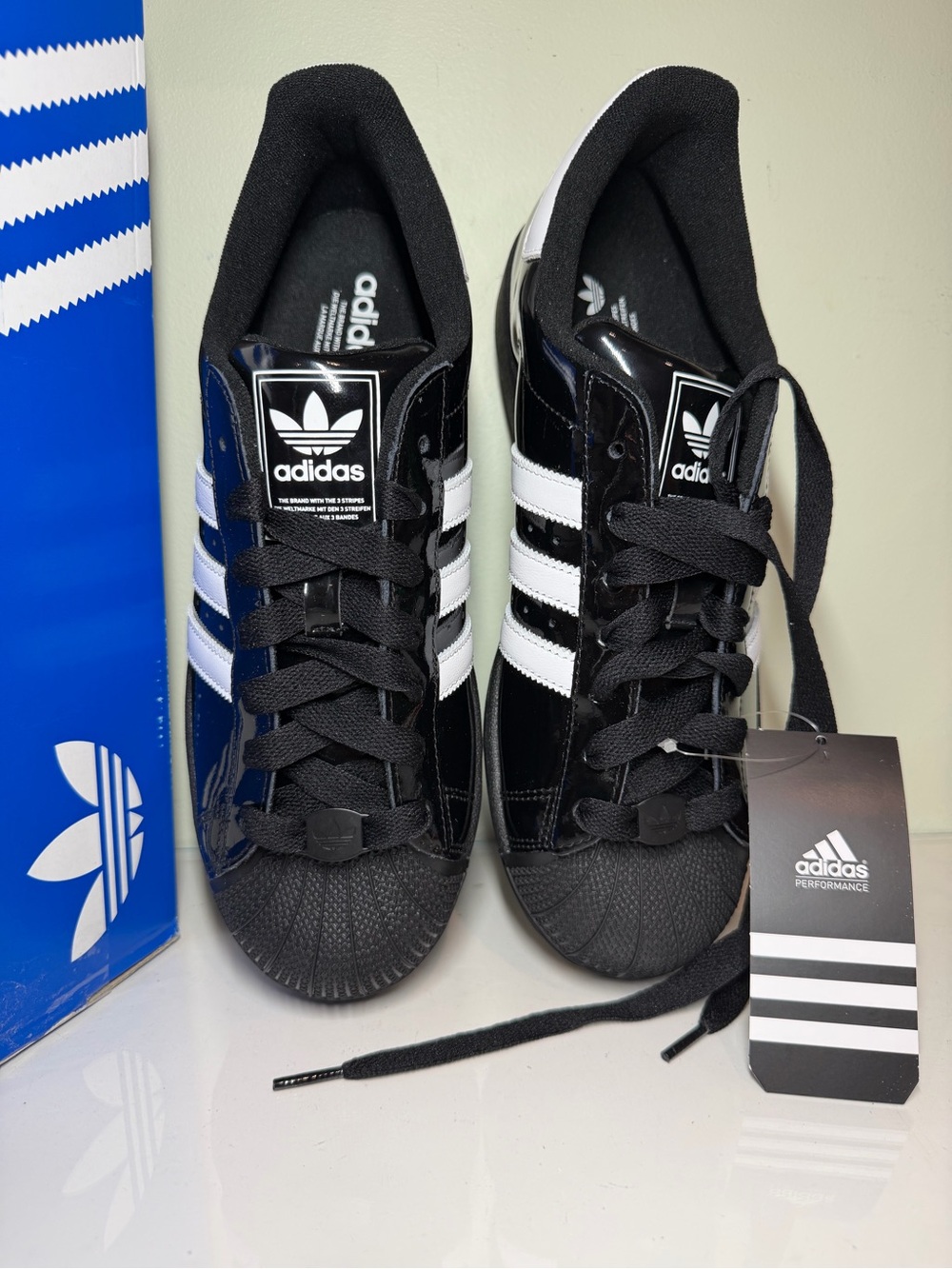 adidas - Size W11/ M10 - Superstar II Black Patent Leather Shoes JR7313 -New